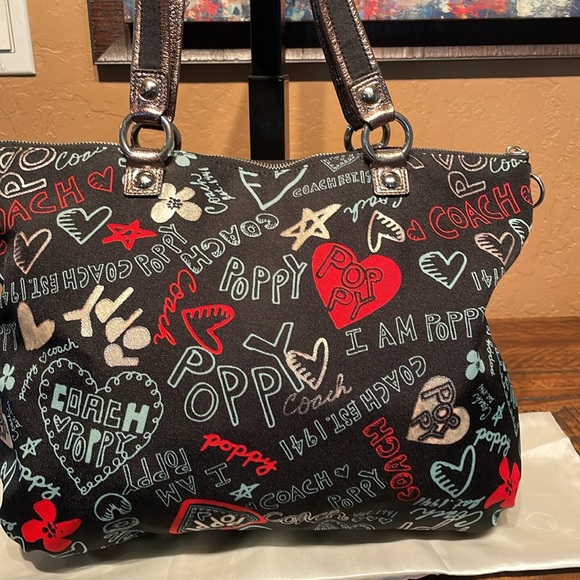 Coach Poppy Black Canvas & Bronze Metallic Leather Shoulder Bag Like New! - Picture 6 of 12